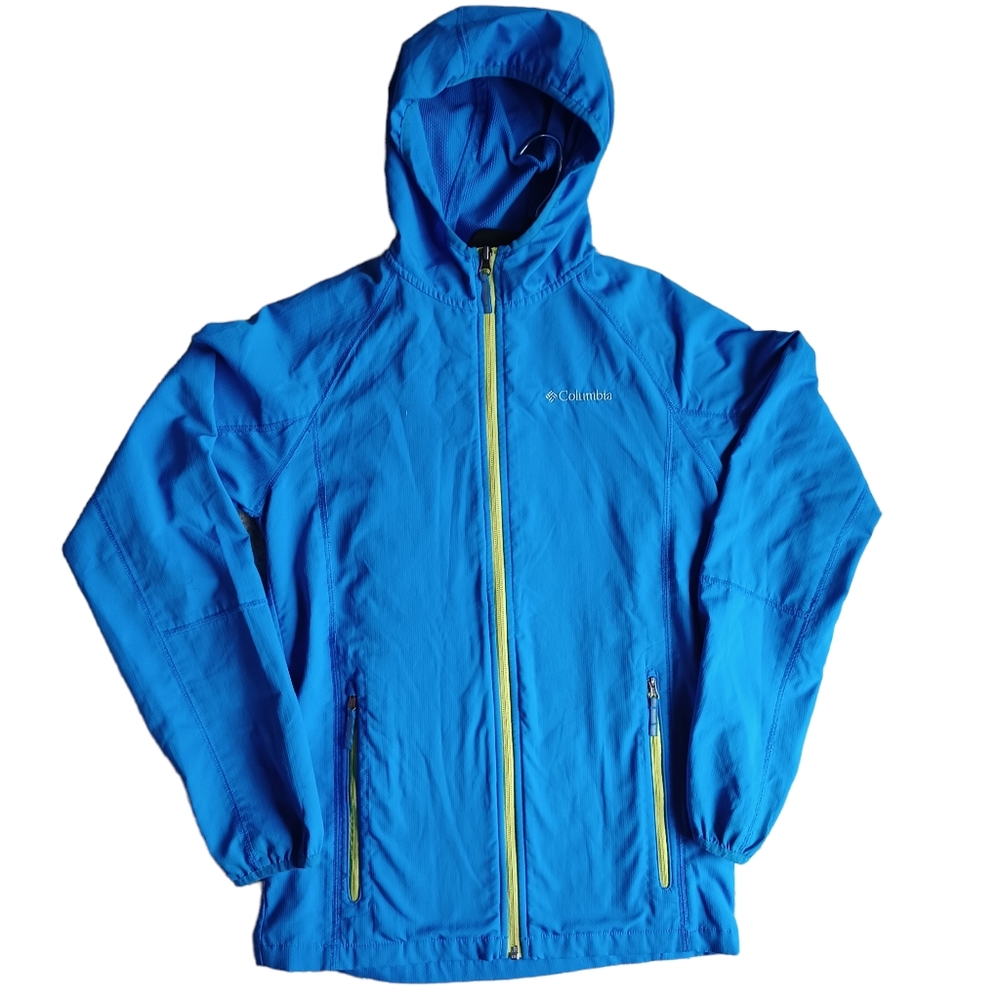 Boys Columbia bright blue windbreaker with hood size L 14/16